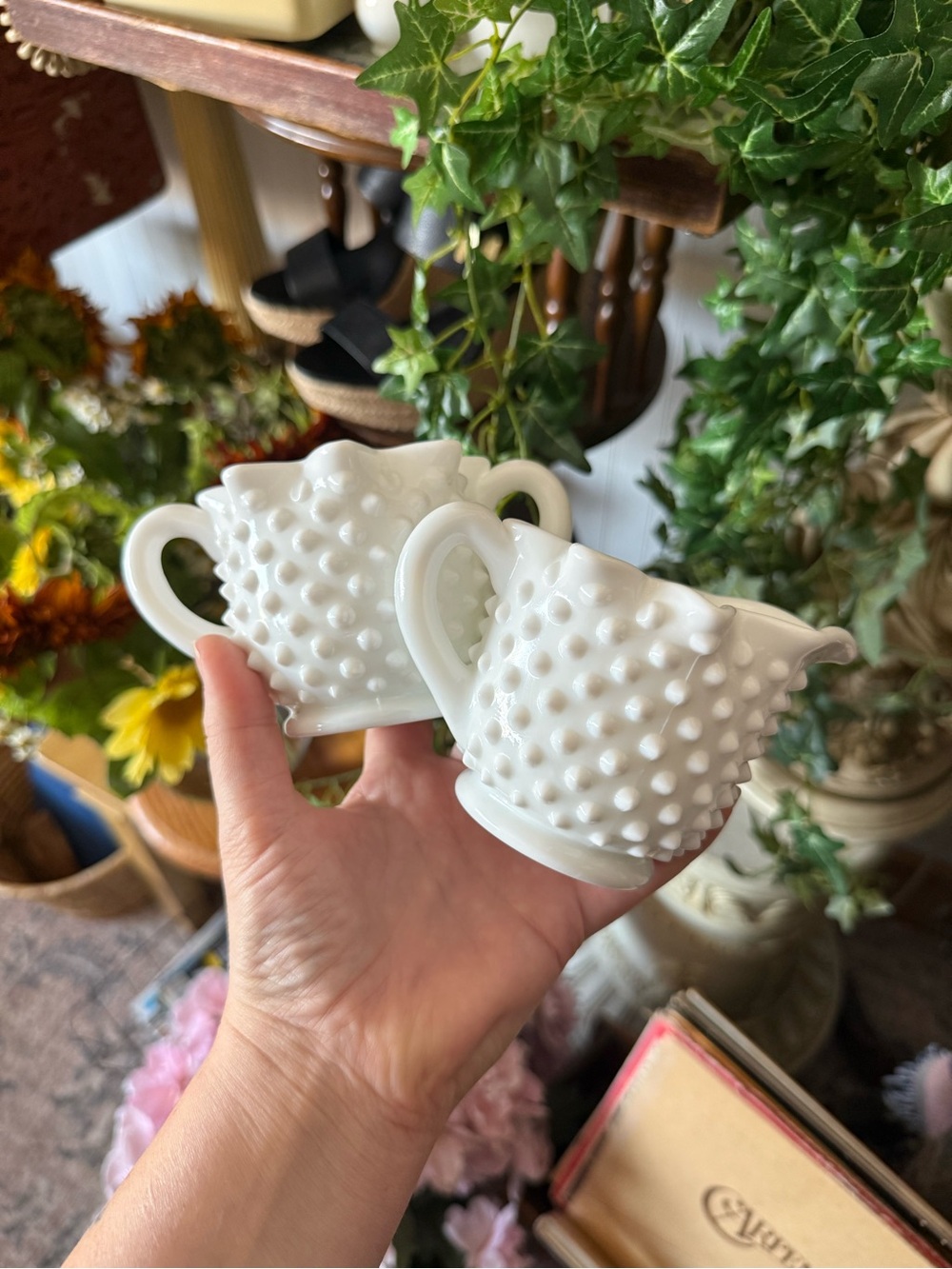 White Fenton Hobnail Milk Glass Creamer and Sugar Set